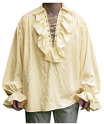 Qzeanxy Leinenhemd Herren Langarm Mittelalterliches Vintage-Kostüm Hemd Universal Fit Kostüm Mit Schnürung Baumwolle Leinenhemd Langarm Freizeithemd Mitteralterhemd Viking Kostüm Schnürhemd Halloween