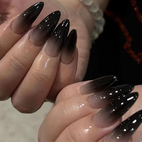 24pcs Black Ombre False Nails Medium Length Almond Press on Nails Gothic Fake Nails French Tip Stick on Nails Removable Glue on Nails Acrylic Nail Tips Halloween Women Punk Nail Art Accessories