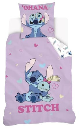 Disney - Housse de Couette Stitch Ohana Doudou Disney 140x200 cm - 100% Coton Popeline - Violet