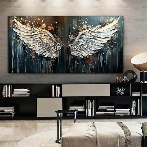 Ölgemälde mit schwarz-weißem Flügel, Leinwand, Poster, Drucke, große Wandkunst, abstrakte Kunst, Malerei, minimalistisch, moderne Wohnkultur, Wandbild, Geschenk, 70 x 140 cm, rahmenlos
