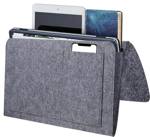 Angelfan Minimalist Bedside Caddy, Grey Felt Bed Hanging Organiser with Multiple Pockets for Books, Phone, Magazines, Remote Control, Suitable for Bed, Sofa