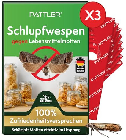 PATTLER® Schlupfwespen gegen Lebensmittelmotten - 3 Karten à 4 Lieferungen - Effektiv Motten bekämpfen - Alternative zur Mottenfalle, Mottenspray, Pheromonfalle (3 Karten à 4 Lieferungen)
