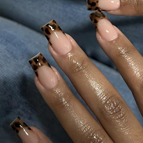 Zernblend 24 pièces French Tip Press on Nails, Faux ongles carrés moyens avec des dessins d'impression léopard, Faux ongles, ongles artificiels, faux ongles