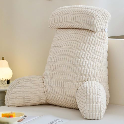 Großes Lesekissen mit Armlehnen, Kunstfell, weiches Lesekissen für Erwachsene, zum Kuscheln, Entspannen, Faulenzen, Fernsehen, Rückenstütze (80 x 40 x 58 cm, mit Nackenrolle, Beige)