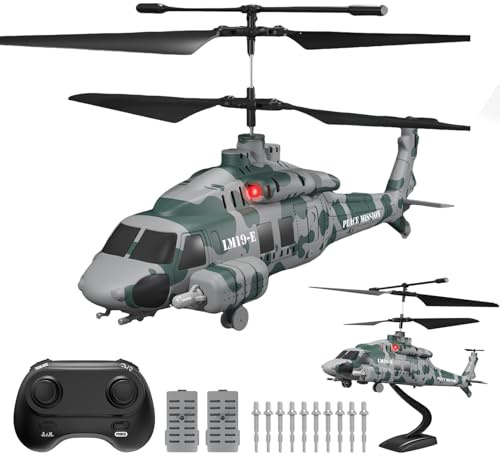 LMRC RC Helicopter, LM19-E 2.4GHz Remote Control Helicopter with 10 Launchable Missiles, LED Light, Altitude Hold, One-Key Take Off, Indoor Friendly, Army Toys for Birthday(2 Batteries)