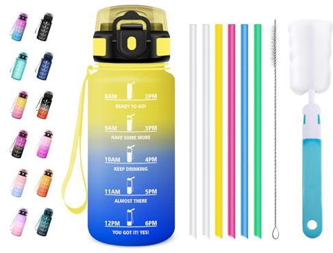 JAPORIA Bouteille Sport 500ml, Gourde avec Paille, Motivation Bouteille Marqueur de Temps, Étanche & Réutilisable, pour l'École, Bureau, Randonnée