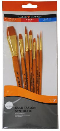 Daler-Rowney Simply Gold Taklon Synthetic Hair Acrylic Brush Set with Short Handles, 7 Assorted Brushes, Ideal for Entry-Level Artists & Hobbyists