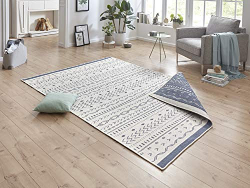 NORTHRUGS In- und Outdoor Teppich Kuba 120x170cm - Wendeteppich Wetterfest Boho Design Ethno Muster Läufer für Balkon Terrasse Garten Wintergarten Wohnzimmerteppich Wasserfest in Blau Creme