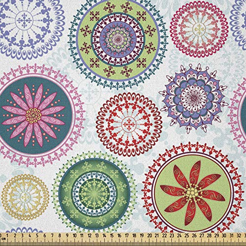 ABAKUHAUS Mandala Stoff als Meterware, Vintage verzieren Kreise, Microfaser Stoff für Dekoratives Basteln, 1M (230x100cm), Grün Lila