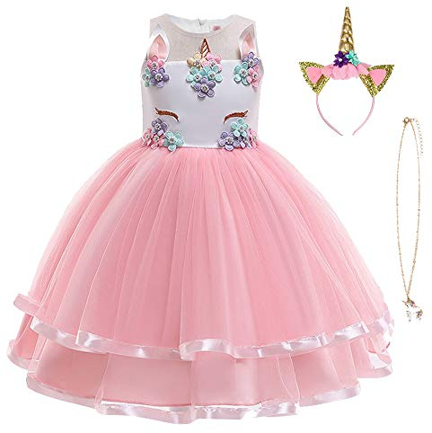 URAQT Robe Licorne Enfant de Princesse, Robes Fille, Robe de Princesse avec Licorne, Unicorn Party,Rose,2-3 ans (Étiquette 100)