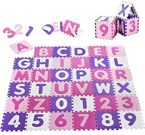 Juskys Kinder Puzzlematte Juna 36 Teile mit Buchstaben A-Z & Zahlen 0-9 - rutschfest — rosa für Mädchen - Puzzle ab 10 Monate - Spielmatte
