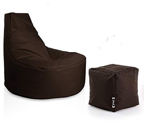 PATCH HOME Gamer Sessel inkl. Würfel Bean Bag Set Ø80cm, 30cm Sitzhöhe, 90cm Höhe + 35x35cm Würfel Braun