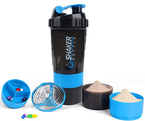 VECH Protein Shaker Bottle,GYM Shaker Cup for Protein Shakes, 16oz Shake Bottle with Ball and Storage Compartment,Leak-Proof,BPA Free (Blue)