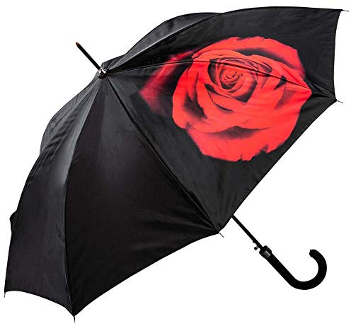 LUCKYWEATHER Regenschirm Stockschirm Damen Motiv Red Rose on Black Auf-Automatik I Stockregenschirm groß und stabil sowie hochwertig verarbeitet I Regenschirme mit UV-Schutz