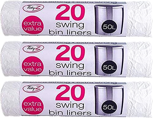 TidyZ 20 x Extra Strong Swing Bin Liners with Tie Handles Refuse Sacks White 50 Litres - 90 x 120cm (20 Bags)