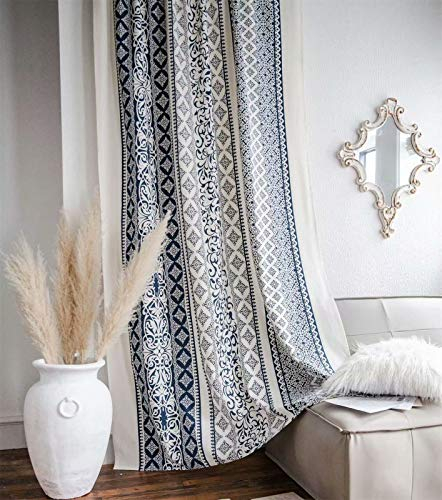 Deamos Boho Gardinen Landhausstil Baumwolle Leinen Vorhänge, Creme Weiß und Blau Blumen Muster Wohnzimmer Schlafzimmer Gardine,1 Stück,B150×H220cm
