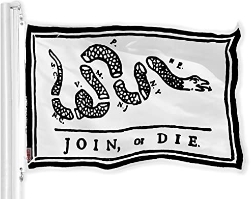 G128 Join or Die weiße Flagge,90x150 cm,LiteWeave Pro Serie bedruckt 150D Polyester,historische Flagge, für drinnen und draußen, Messingösen, dicker und langlebiger als 100D 75D Polyester