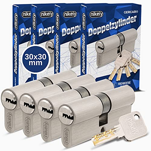 GERCAR Pro Profilzylinder 30/30 Massiver Schließzylinder gleichschließend 4er Set Doppelzylinder Zylinderschloss - Messing matt - inkl. 10 Schlüssel - Wendeschlüssel - Länge: 60 mm, A:30 B:30-4x