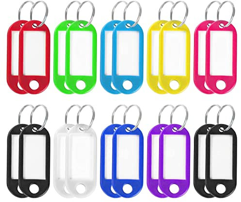 Quesuc Schlüsselbund mit Ring,30 Stück Schlüsselbund mit Namensschild,Kunststoffetikettenhalter 9 Farben für Türschlüsselkennung,Koffer,Hotel,Büro