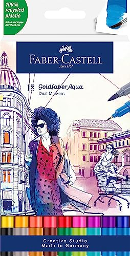 Faber-Castell 164618 - Goldfaber Aqua Dual Marker, mit Pinselspitze und Fineliner Spitze, 18er Etui