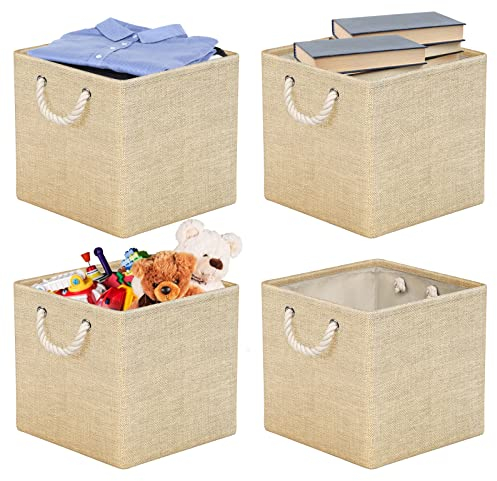 RIWNNI Juego de 4 Cajas Almacenaje, 30 x 30 x 30 cm, Cestas Organizadoras de Tela con Asas, Cubos de Almacenamiento Plegable para Ropa, Juguetes, Libros, Armario y Estanterías (Beige)