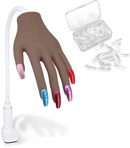 Professionell Silikon Übungshand für Nageldesign Maniküre, Eingebaute Halterung aus Aluminiumlegierung, Finger Brechen Nicht, Flexibel Übungshände Finger Training Hand (dunkelbraun)