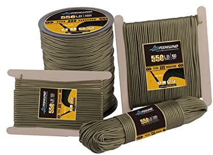 FISHLUND Paracord 550 lb, 7 Strand Type III Paracord Rope 100ft 4mm, Nylon Parachute Cord for Camping, Army Green
