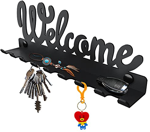 SirHoldeer Schlüsselbrett mit Ablage, Schlüsselhalter Wand, Schlüsselaufhänger mit Haken, Schlüsselhaken, Schlüsselboard mit Schlüsselablage, Welcome Home Flur Deko, Metall Wanddeko Wohnzimmer