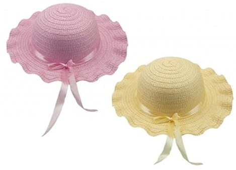 Pound Veg Cappellino pasquale (cofano rosa e giallo) per bambini con nastro di paglia intrecciato decorativo colorato Cappello pasquale Ideale per decorazioni artigianali, giochi scolastici Ottimo acc