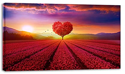 VFUNZA Natur Leinwandbild mit Holzrahmen Herzförmige rote Baumblume Landschaft Bild Druck auf Leinwand Landschaftsbilder auf Leinwand Fertig zum Aufhängen Wohnzimmer 70x120cm27.5x47in Gerahmt