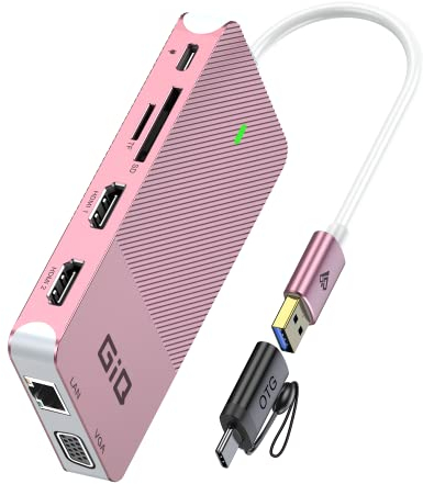 USB Dockingstation GIQ USB C HUB USB 3.0 auf Dual HDMI VGA Adapter, Dreifachbildschirm USB C Laptop Dockingstation, Dual Display kompatibel mit MacBook M1 USB Dock, Rose Gold