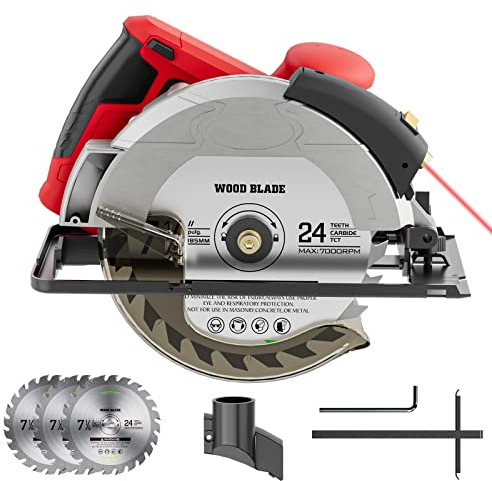 Sega Circolare Elettrica 1500W 12A 5500RPM con Lama per Sega Circolare da 185mm, 3 Lame (24T+ 40T), Guida Laser, Profondità Massima di Taglio 2,45'' (90°), 1,81'' (45°), per Taglio Legno/Plastica