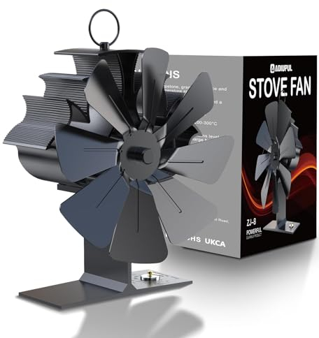 ADIUPUL Log Burner Fan, 8 Blades, Built-in Temperature Gauge, Noise-Free, Black