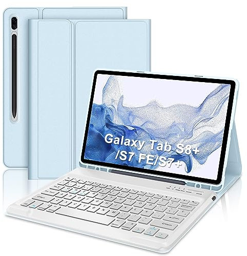 IVEOPPE Funda con Teclado para Samsung Galaxy Tab S8 Plus/S7 Plus/S7 FE 12.4, Teclado Español Ñ Bluetooth Inalámbrico Desmontable, Azul Cielo