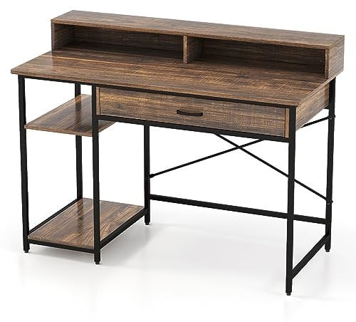 COSTWAY Computer Desk, Wooden Study Table Writing Workstation with Monitor Stand, Storage Shelves & Drawer, Industrial PC Laptop Table Working Desk for Home Office Bedroom, 120x56x90cm