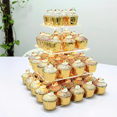 MSYU 4 Tier Square Acrylic Cupcake Display Stand Holder with LED String Light Pastry Dessert Serving Platter for Candy Bar Party Décor Wedding Birthday Holidays，Christmas