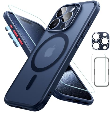 ESR für iPhone 15 Pro Hülle Set (5 in 1), durchscheinende Matte Hülle mit Displayschutzfolie und Kameraschutz, kompatibel mit MagSafe, Militärnorm Schutz, Classic Serie, Mattiertes Blau