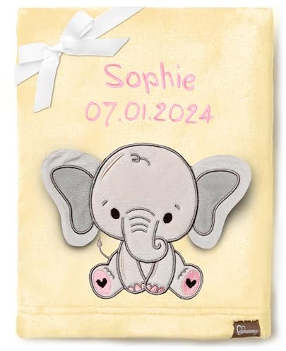Be Mammy Personalisierte Babydecke mit 3D Applikation Warme Kuscheldecke mit Namen und Geburtsdatum; Perfektes Baby Geschenk; Blanket; Krabbeldecke BE20-280 (Gelb - Elefant)