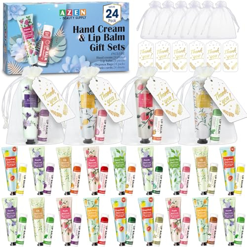 AZEN 24-teiliges Set mit Handcreme und Lippenbalsam, Großpackung mit Organza-Beutel, Dankeskarte, Brauthochzeitsgeschenke und Dankeschön-Geschenke für Gäste