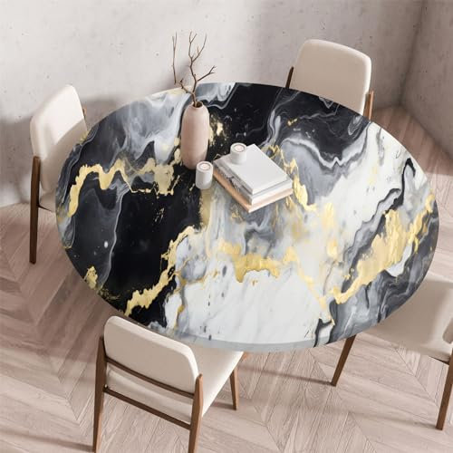 Highdi 3D Elastische Tischdecke Rund Abwaschbar, Spanntischdecke Rund Gartentischdecke Outdoor Round Tischdecke mit Gummizug für Esszimmer, Küche und Picknick (Stein A,110cm)