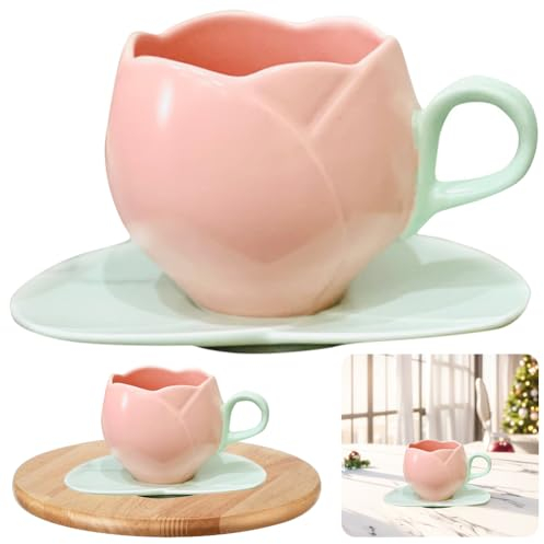 Kexpery Tazza da tè a forma di tulipano con piattino, in ceramica, a forma di tulipano, creativa, vintage, per il tè pomeridiano (C)