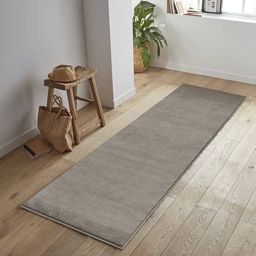 Jimri Flauschiger Teppich Läufer - Hochwertiger Kurzflor für Zuhause, Büro, Küche, Eingang, Flur, Wohnzimmer - Maschinenwaschbar - Rutschfester Teppich Waschbar - 80x250 cm - Taupe