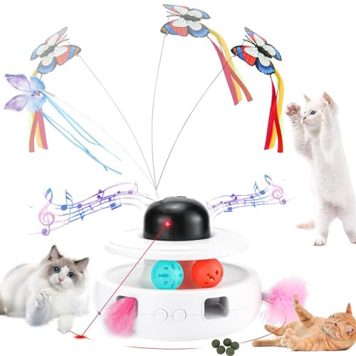 HEDIR 2024 Juguetes eléctricos para Gatos con láser interactivos, Mariposa revoloteando, Juguete para Gatitos Recargable automático 5 en 1, Plumas Colores, Juguete para Gatos,White-18 * 18 * 14