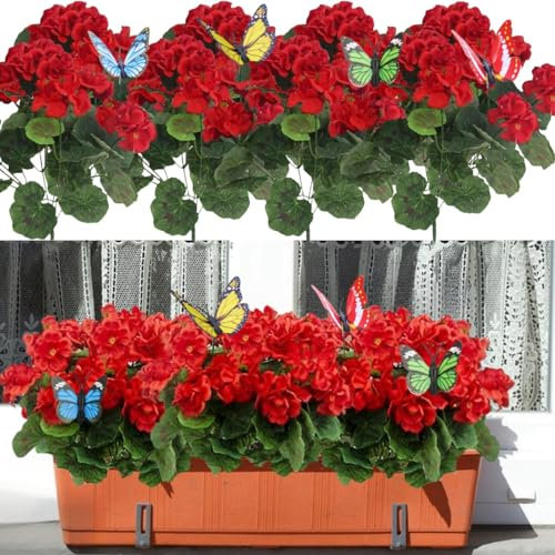 YELIKIT 4 Bundles Artificial Flowers for Outdoor, Geraniums Faux Plants Flowers Spring Summer Decoration Fake Silk Flowers UV Resistant Indoor Outside Plants for Garden Porch Wedding Home, Red