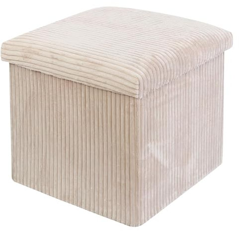 DANIEL JAMES Housewares Folding Ottoman Storage Cube – Compact Padded Footstool Storage Box Chest with Lid for Bedroom, Hallway, Living Room - Corduroy: Beige