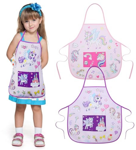DATIFF 2 Stück Einhorn Schürze Kinder Kochschürze Mädchen Unicorn Küchenschürze mit 2 Taschen Einhorn Kinderschürze Rosa und Lila Malschürze Mädchen für Kochen Backen Malen Basteln 2-7 Jahre