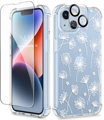 GVIEWIN Compatible with iPhone 14 Case 6.1 Inch 2022, with Tempered Glass Screen Protector+Camera Lens Protector, Flower Clear TPU Slim Bumper Shockproof Protective Soft Phone Cover（Dandelion/White）