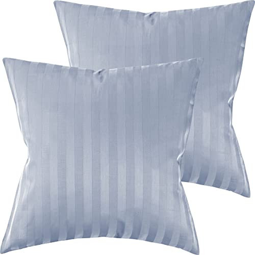 Pure Label 2er Set Mako Satin Damast Streifen Kissenbezüge 50x50 cm aus 100% Baumwolle in hellblau| Traumhaft weiche Deko Kissen passend zu unseren Bettwäsche Sets
