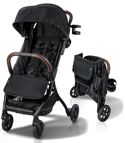 Strolee Leichter Baby- und Kleinkind-Kinderwagen, ultrakompakt, flugzeugfreundlicher Reise-Kinderwagen, einhändig zusammenklappbar, fast flache Liege, X-L-Baldachin und Getränkehalter für Eltern, LinQ