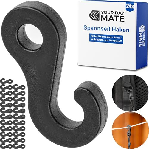 Tension Rope Hooks, Pack of 24, Black, Plastic, for up to 6 mm Diameter Rubber Ropes, Hook Clip for Outdoor Tent, Awning, Tarpaulin, Pole Clip, Mounting Hook Webbing, Tent Tensioner Rope Clamp